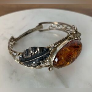 Sterling Silver Bracelet Amber Cabochon Vintage Stamped 925 MC Artist Botanical